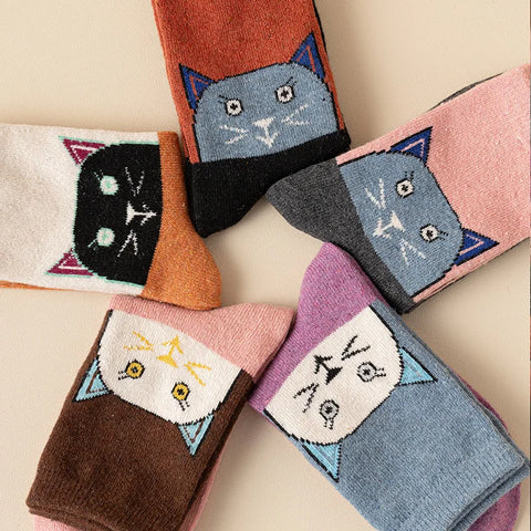 5 Pairs Women Wool Socks Animal Cat Owl Pattern Winter Crew Socks Soft Thick Warm Casual Wool Socks Mid Calf