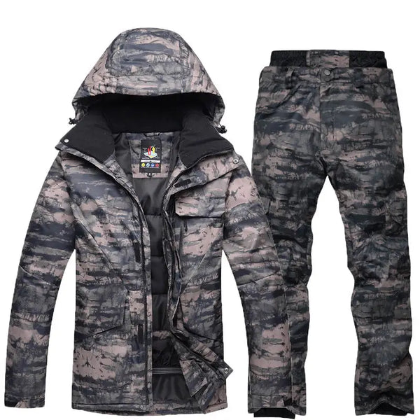 10K迷彩男士滑雪套装单板滑雪防风防水透气套装冬季西装外套+户外保暖长裤