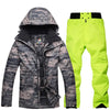 10 K Camouflage สำหรับชายชุดสกีสโนว์บอร์ดกันน้ำกันลมระบายอากาศชุดเสื้อแจ็คเก็ตสูทฤดูหนาว + กางเกงอบอุ่นกลางแจ้ง