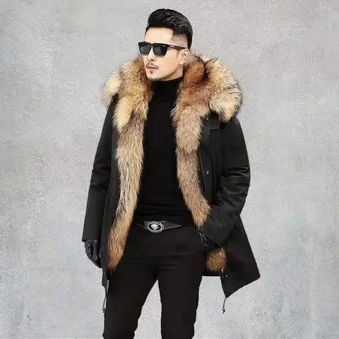 FANCY Winter Puff Jacket With Fur Hood - Mens Long Coat