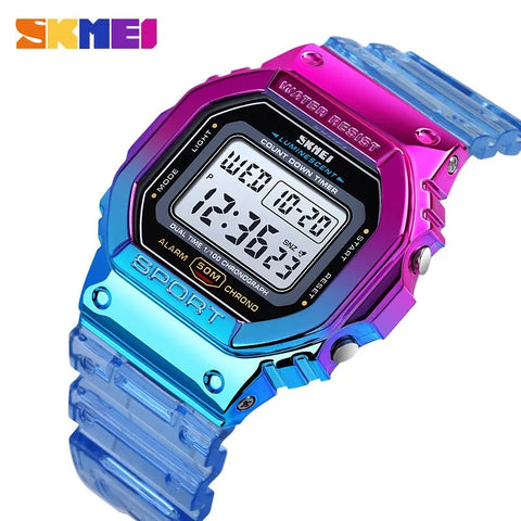 Skmei Fashion Led Light Countdown Watches Girls Electroplated Case Transparent Strap Lady Women Digital Wristwatch Shockproof
