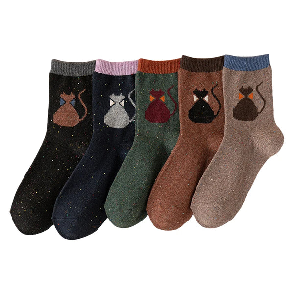 5 Paar Damen-Wollsocken mit Tier-, Katzen- und Eulenmuster, Winter-Crew-Socken, weich, dick, warm, lässig, Wollsocken, mittlere Wade