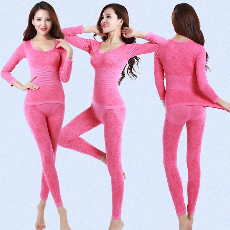 Winter Warm Womens Underwear Set Vertical Stripes Heating Thermal Underwear  Set Constant Temperature Body Bottoming Clo Color Pink size One size 35-65kg
